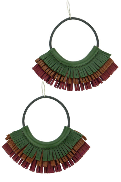 Boucles d’oreilles créoles en cuir vert marron et rouge made in France