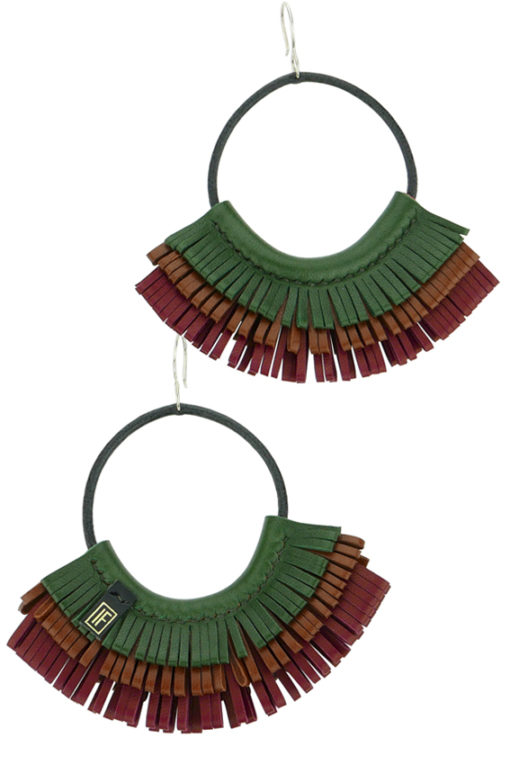 Boucles d’oreilles créoles en cuir vert marron et rouge made in France